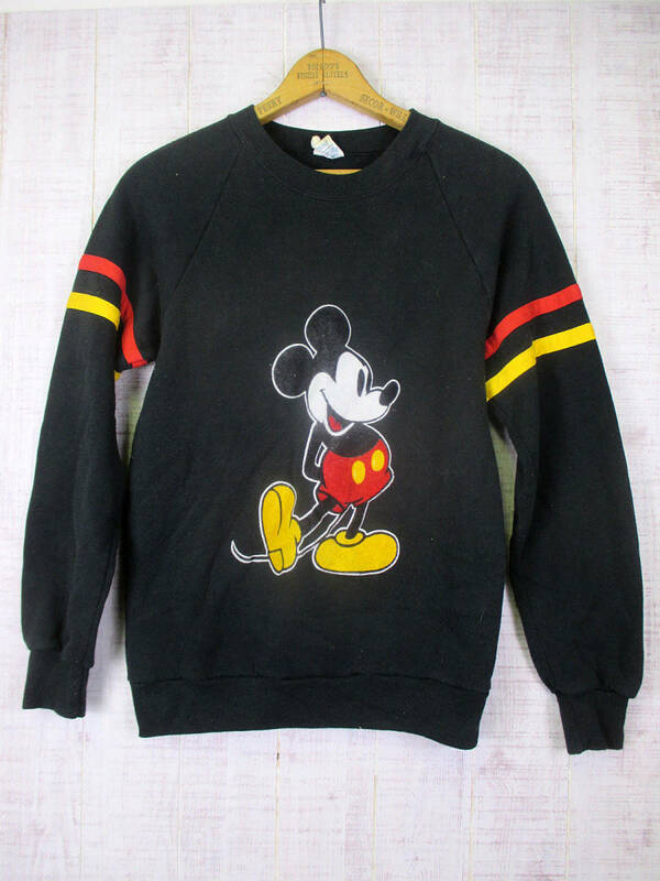 中古　80'ｓ　Disney　ミッキーマウス　フロッキープリント　スウェットシャツ　ブラック　S　1980年代　USA製　#mtss-47