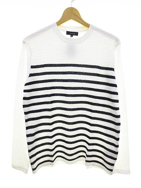 ∞【未使用】TAKA-Q タカキュー カットソー ニット クルーネック 長袖 M 切り替え ボーダー ホワイト 白 ブラック 黒 メンズ □H8