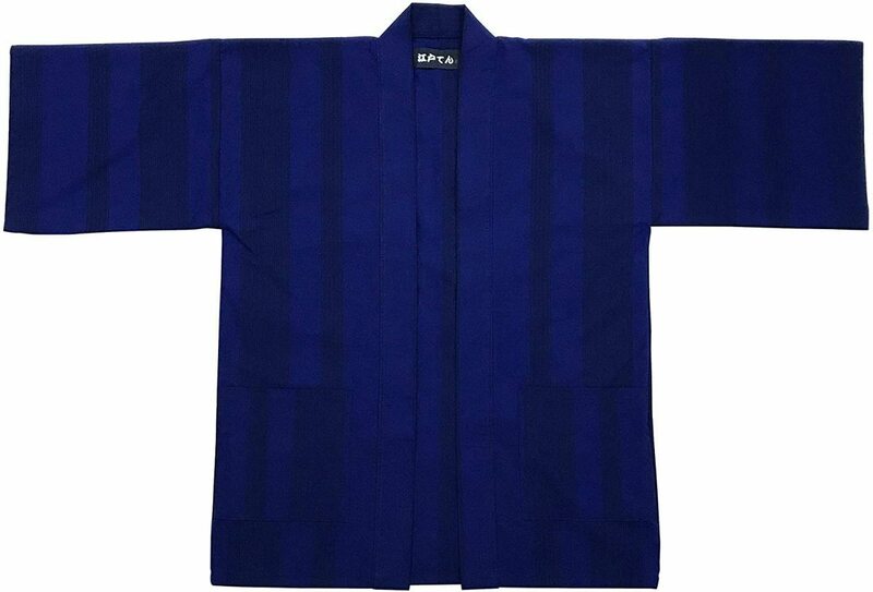 [江戸てん]一点もの　A羽織り　はっぴ 日本製スラブ生地 袢纏 法被 和服カーディガン　青縞