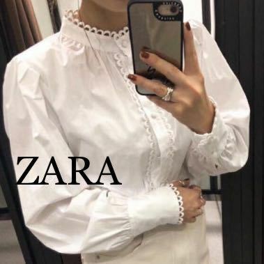 ザラ　ZARA スカラップトリムつきポプリンシャツ　ブラウス　レース付き　スタンドカラー　黒　S 綿100% 長袖シャツ 20210626