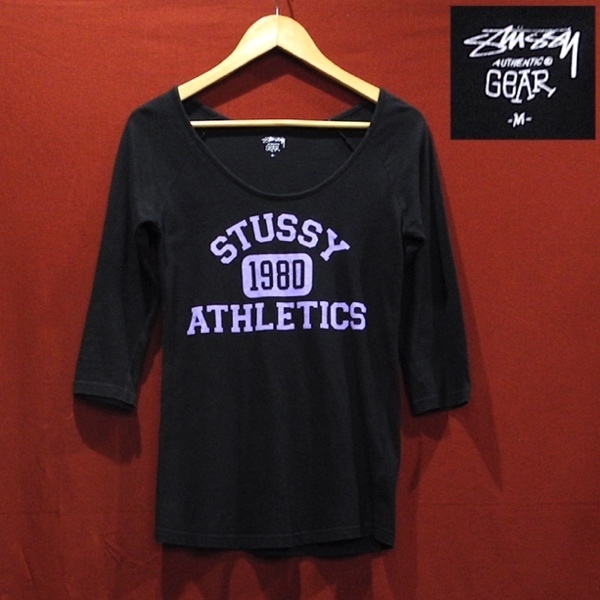 STUSSY ステューシー カレッジ ロゴ デザイン ラグラン 7分袖 Tシャツ 長袖 ロンT 黒 / 紫 M サイズ