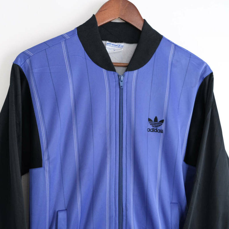 デッドストック 80s【 adidas 】アディダス ビンテージ ストライプ トラック ジャージ ジャケット / ブラックブルー 黒青系 / S / USA製