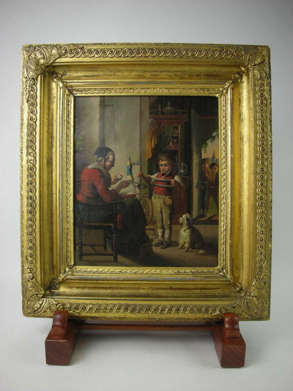 アンティーク19世紀英国　絵画「糸巻を手伝う少年」油絵★西洋アンティーク　西洋絵画