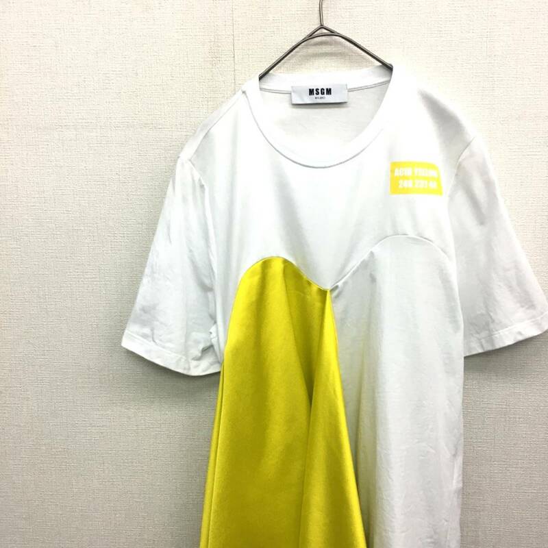 EZ2137●18SS MSGM MILANO WHITE ACID YELLOW T-SHIRT●S●ホワイト/イエロー スカーフモチーフ 半袖 Tシャツ