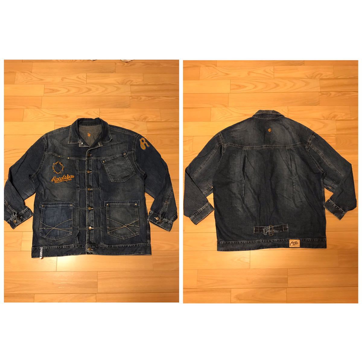 美品☆ROCAWEAR/超BIG SIZE・超大き目.BIGサイズ3L以上?　USED加工デニムジャケット シンチバック付き！ チェーンステッチ3面ロゴ入 Y2K