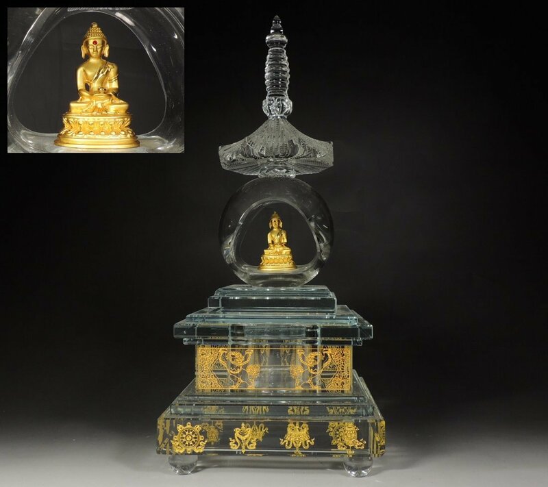 ■仏教美術■仏舎利塔・釈迦如来・舎利容器・五輪塔・検 クリスタル 水晶 硝子・高さ34㌢・ｆ058