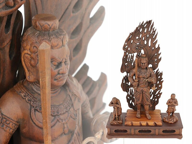 【蔵】仏教美術 不動三尊立像 不動明王 黄楊木彫 大型 細密彫り 高さ57㌢ 木彫り 仏像 佛像 s456