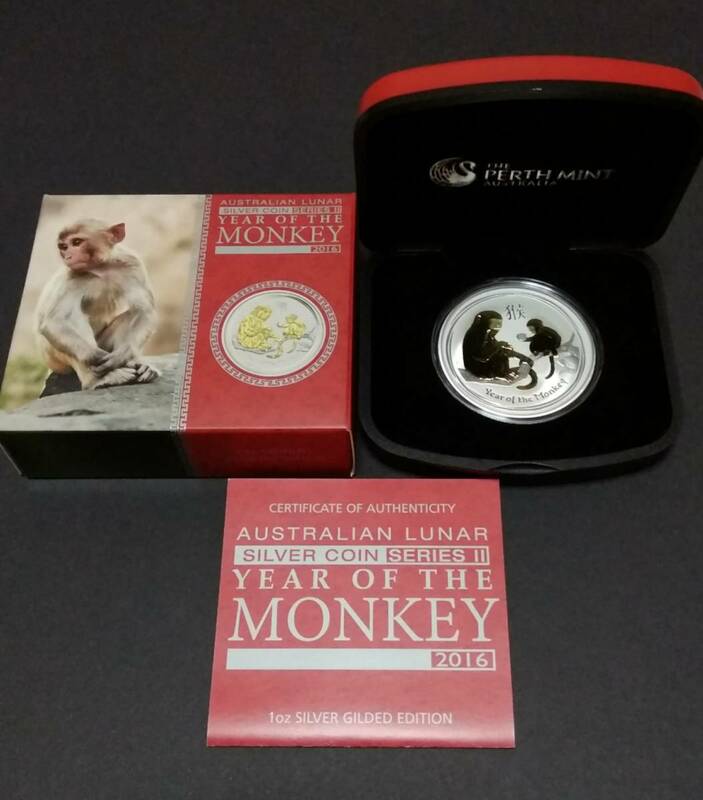 2016 MONKEY 1oz SILVER GILDED EDITION 干支２猴　シルバーコイン。未使用。箱付き。　