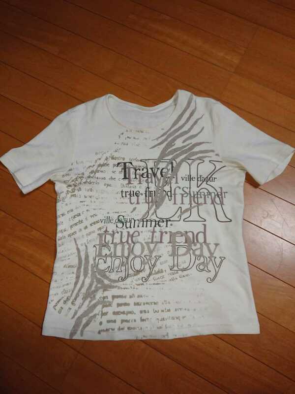 ville d'azurビルダジュール半袖丸首Tシャツ綿100%英語プリント柄カットソー白ホワイトアイボリーベージュトップスワールドコットン100夏物