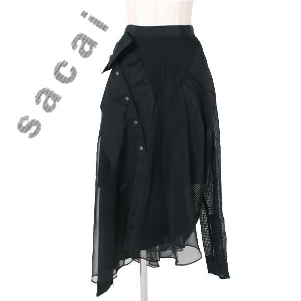 sacai シャツドッキング フレアスカート 定価71,600円 size1 ブラック 18-03837 サカイ