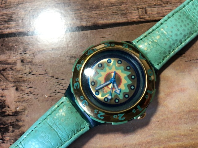 レア swatch スウォッチ AG1993 逆回転ベゼル ターコイズ グリーンカラー 純正革ベルト クオーツ メンズ 腕時計