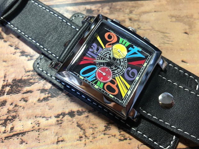 美品 レア COGU コグ クロノグラフ スクエア ブラック×マルチカラーインデックス 純正革ベルト クオーツ メンズ 腕時計