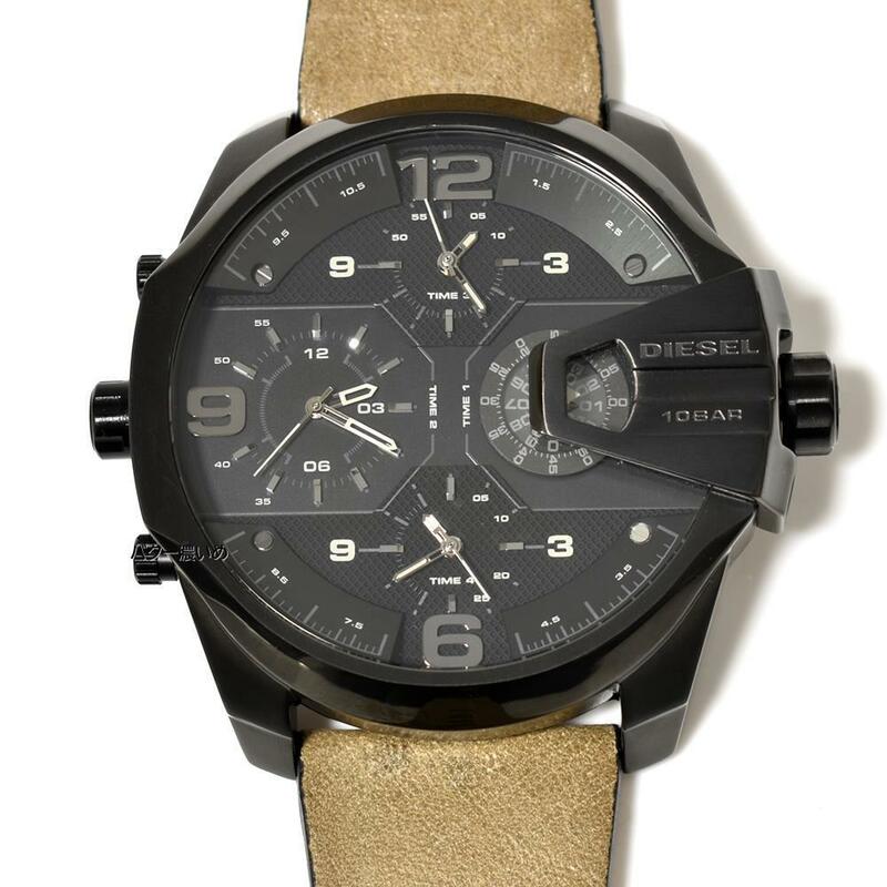 ディーゼル DIESEL メンズ 腕時計 4タイム表示 ブラック 革ベルト レザーベルト DZ7390 ビッグフェイス 新品未使用 電池切れ