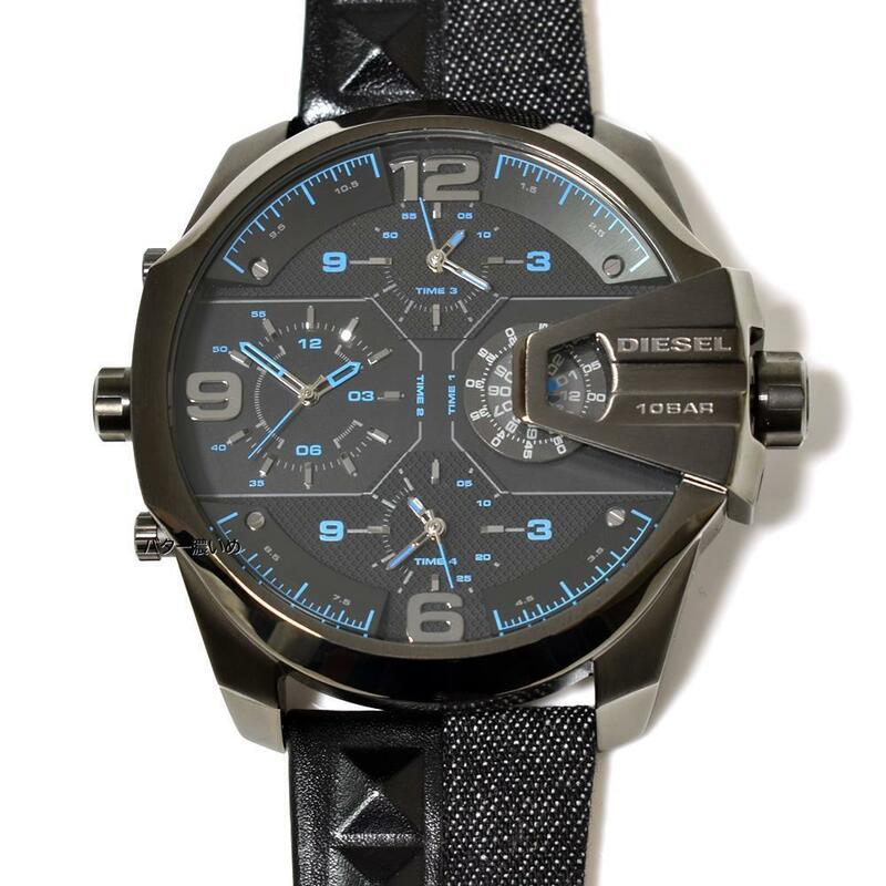 ディーゼル DIESEL メンズ 腕時計 4タイム表示 ブラック 革ベルト レザーベルト DZ7393 ビッグフェイス 新品未使用 電池切れ