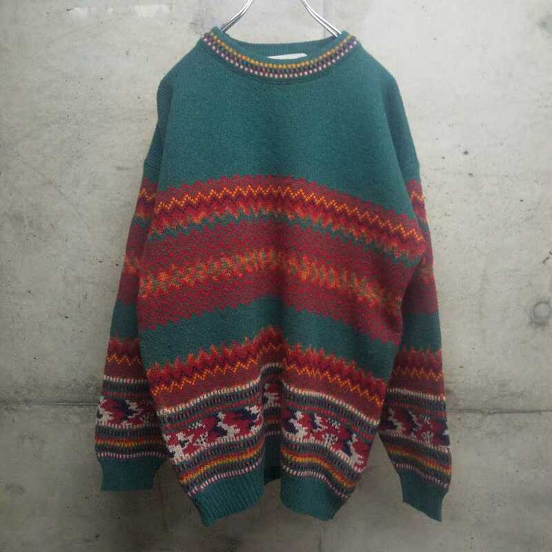90s ヴィンテージ ニット 総柄 フランス製 1点モノ レトロ vintage ユーロ ビンテージ france used 古着 セーター knit 