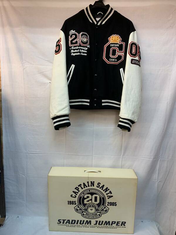 ▼ 限定 USA製 CAPTAIN SANTA キャプテン サンタ 20th Anniversary スタジャン ジャケット L ブラック ホワイト 袖 革 レザー ウール 刺繍
