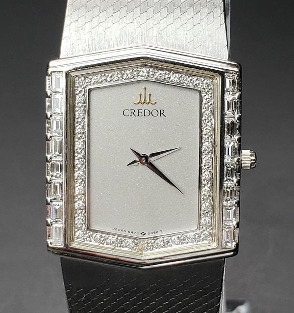 SEIKO CREDOR セイコー クレドール K18WG 金無垢 ホワイトゴールド 純正ダイヤ メンズ腕時計 クォーツ 保証書 ケース 電池交換済 5A74-5020