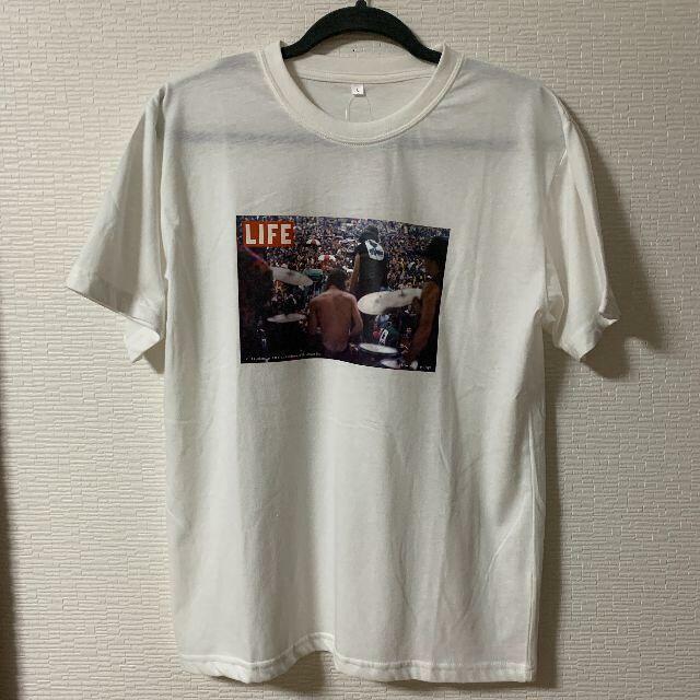 LIFE(ライフ) - MEN プリント 半袖 Tシャツ Woodstock ウッドストック フェスティバル ROCK Lサイズ 白色 (新品 タグ付き 未着用品)