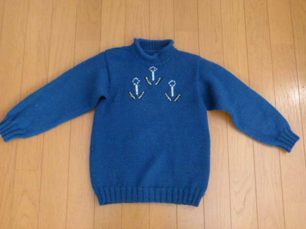 手編みセーター 青 着丈45, ゆき丈44, 胸囲66cm