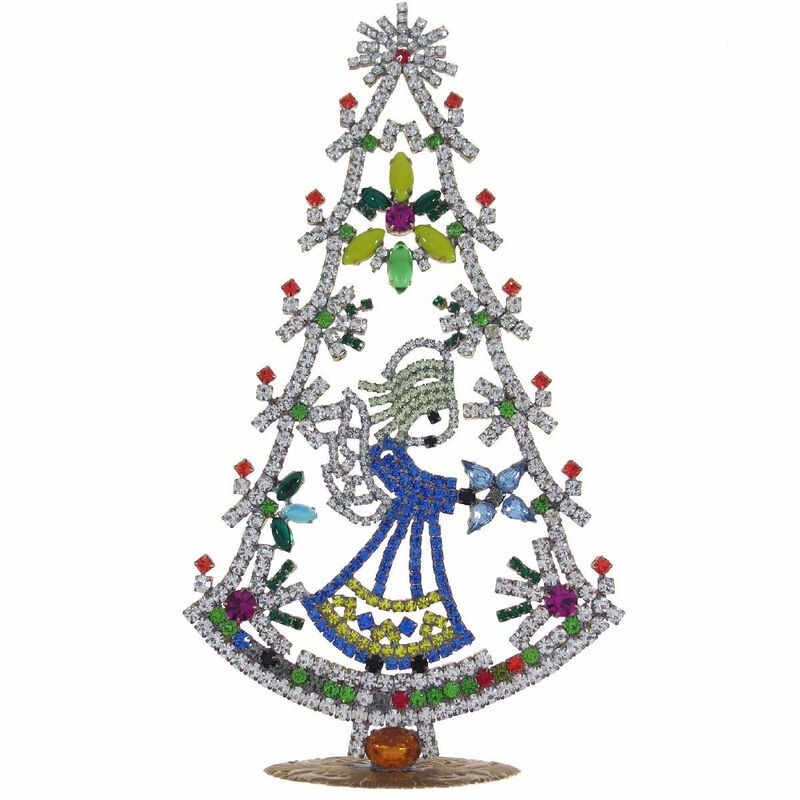 C5228◆ クリスマスツリーの置物 天使のデザイン入り * 高さ約20.8㎝ ◆ チェコ ガラス ラインストーン ◆ ハンドメイド ヴィンテージ ◆