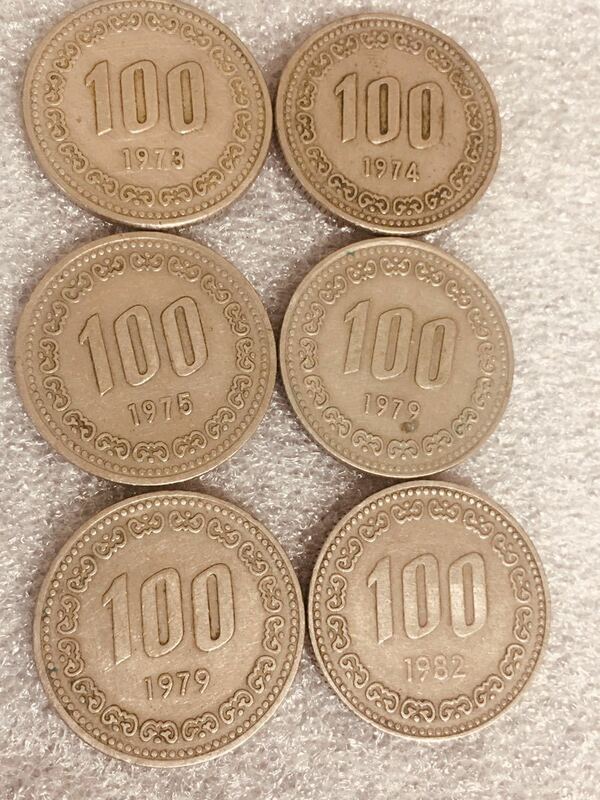 韓国 100ウォン 6枚、特年1973、74、75、79、82年　美品旧貨幣古銭