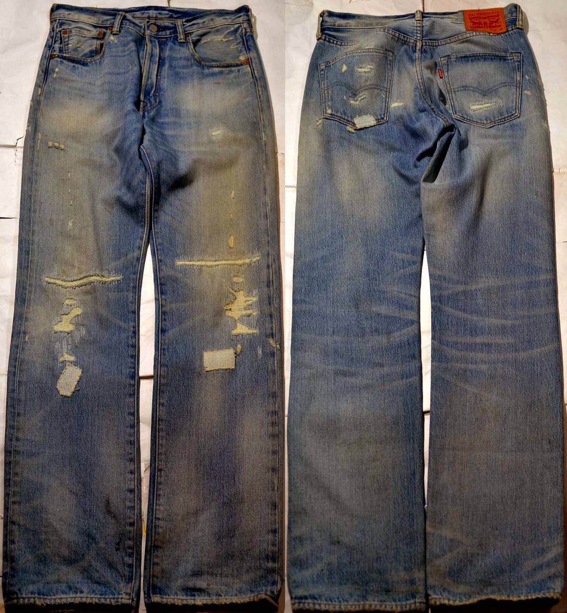t874/LEVIS501 色落ち抜群 ヒゲ、縦落ち！リペア・ダメージ加工