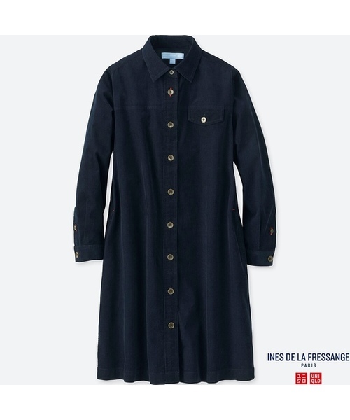【新品・110・ネイビー】ユニクロ×イネス キッズコレクション GIRLS コーデュロイワンピース（長袖）1枚でかわいく シャツ 105-115