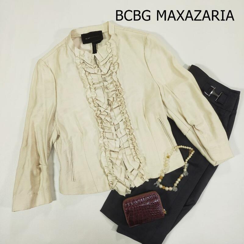 BCBG MAXAZRIA フリル ビーシービージーマックスアズリア ノーカラージャケット サイズS ベージュ 2091