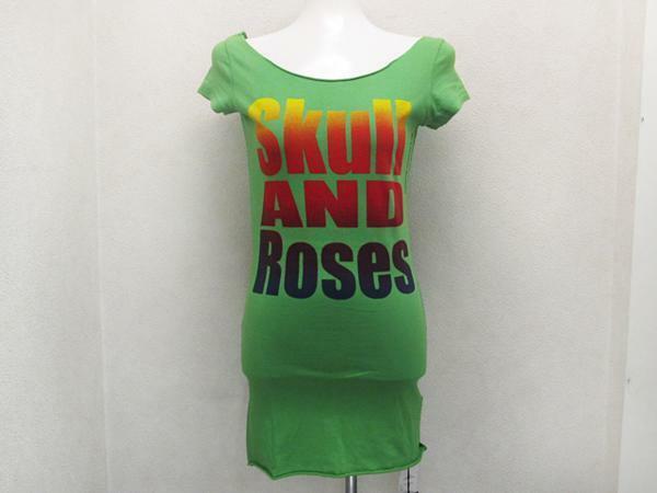 EdHardy タトゥー SKULL & ROSES半袖プリントTシャツ 緑グリーン レディースS / エドハーディー女性Teeエド・ハーディー