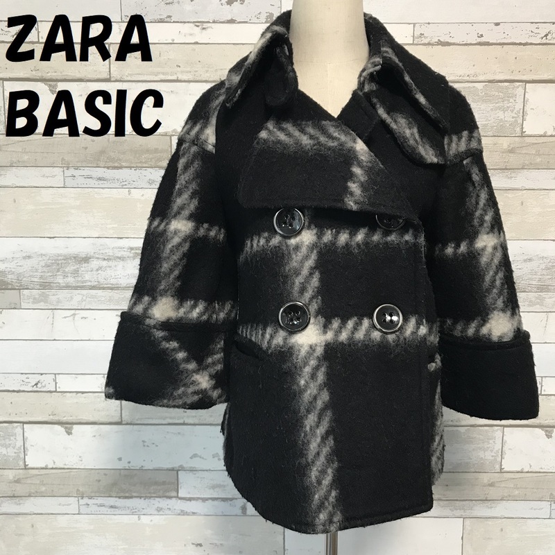 【人気】ZARA BASIC/ザラ ベーシック チェック柄 Pコート ブラック サイズS レディース/A312