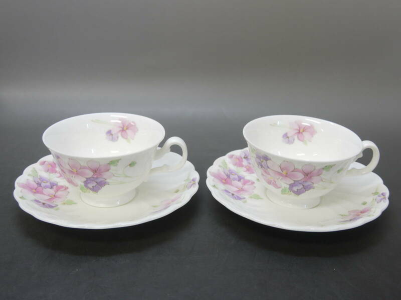 346 Noritake studio collection JAPAN BONE CHINA カップ/ソーサー ペア 2客 ノリタケ スタジオコレクション 花 ピンク/白