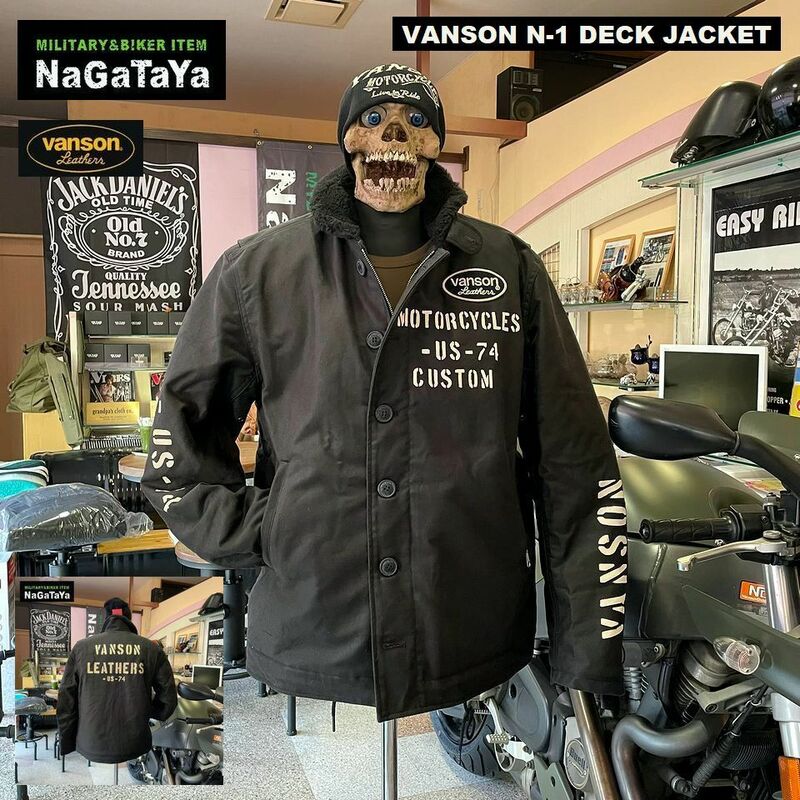 バンソン VANSON NVJK-2105 ロゴエンブレム刺繍 N-1 デッキジャケット ブラック 黒 XXLサイズ モーターサイクルウェア ビッグサイズ