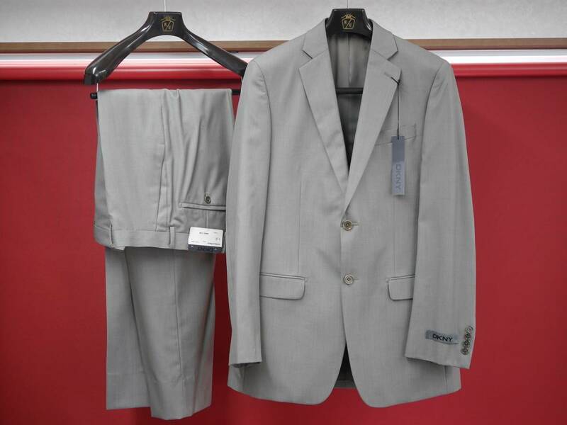 未使用品☆DKNY/ダナキャラン メンズスーツ シングルスーツ スーツ 上下セット 灰色 グレー 無地 シルク混 38Rサイズ Mサイズ