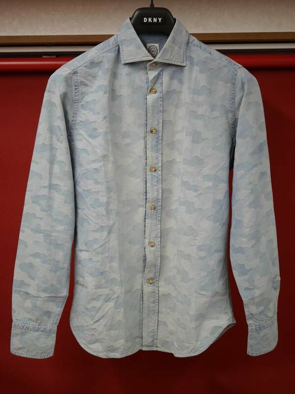 タグ付き未使用品☆BOLZONELLA/ボルゾネッラ 1934 メンズシャツ 長袖シャツ デニムシャツ 迷彩 ブルー イタリア製 39サイズ Mサイズ