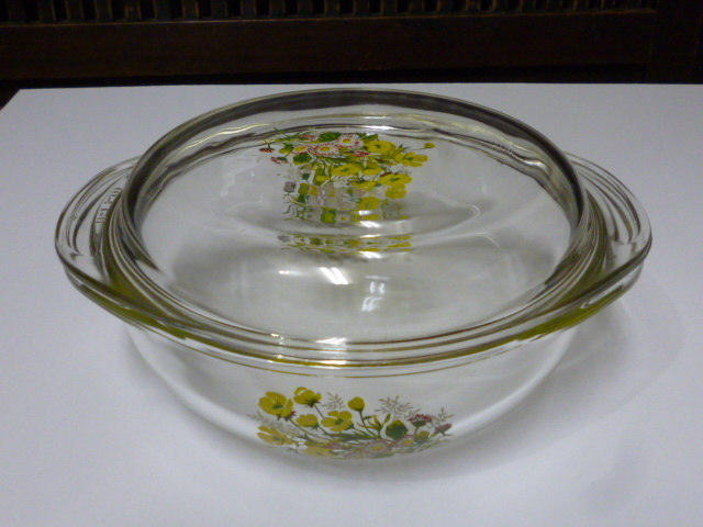 昭和レトロ　PYREX JAPAN 耐熱 ガラス 容器 蓋つき ボウル 花柄 フラワー パイレックス キッチン インテリア 雑貨 