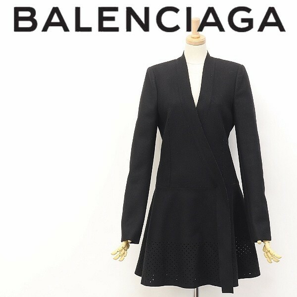 ◆BALENCIAGA/バレンシアガ ウール カシュクール カットワーク フレア ノーカラー コート ブラック 38