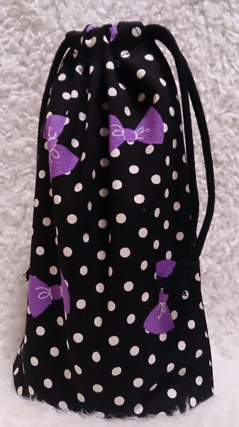 No.17◎ハンドメイド◎給食袋♪紫リボン 白水玉黒地