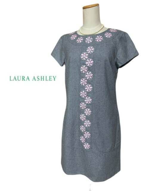 LAURA ASHLEY【ローラアシュレイ】ウール混 ピンクのお花刺繍 ワンピース ９号 （UK10 EUR36 USA6）