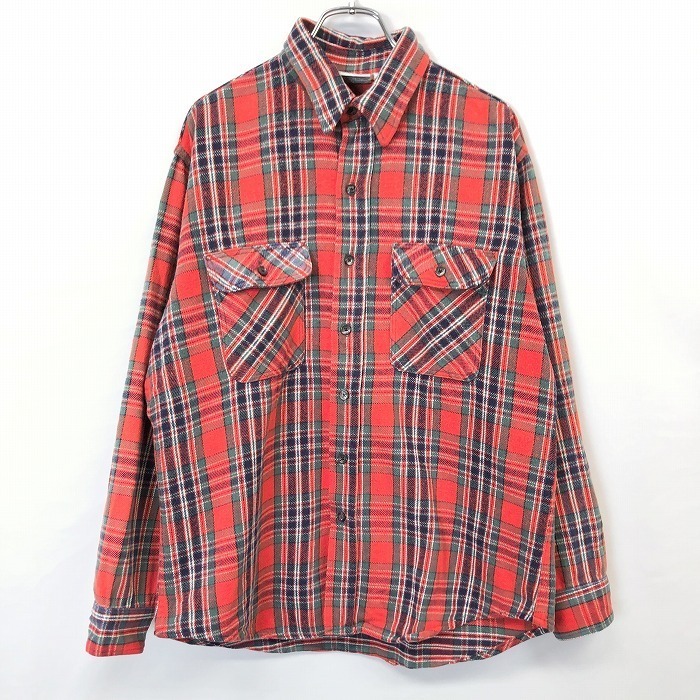 Prentiss プレンティス L メンズ ネルシャツ チェック インポート古着 長袖 ポケット USA製 綿100% レッドオレンジ系×グリーン×ネイビー