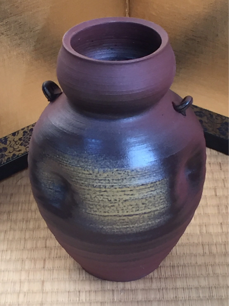 陶器　「二耳付焼締花生け」　茶道具　華道具