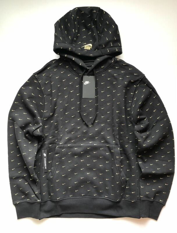 新品 送料込 NIKE FLEECE SWOOSH AOP PULLOVER HOODIE Mサイズ 黒 ナイキ フリース スウッシュ プルオーバー フーディ パーカー 総柄