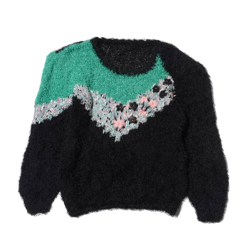  80sレトロ　ヨーロッパ古着　お花刺繍 シャギーニットプルオーバー　セーター　