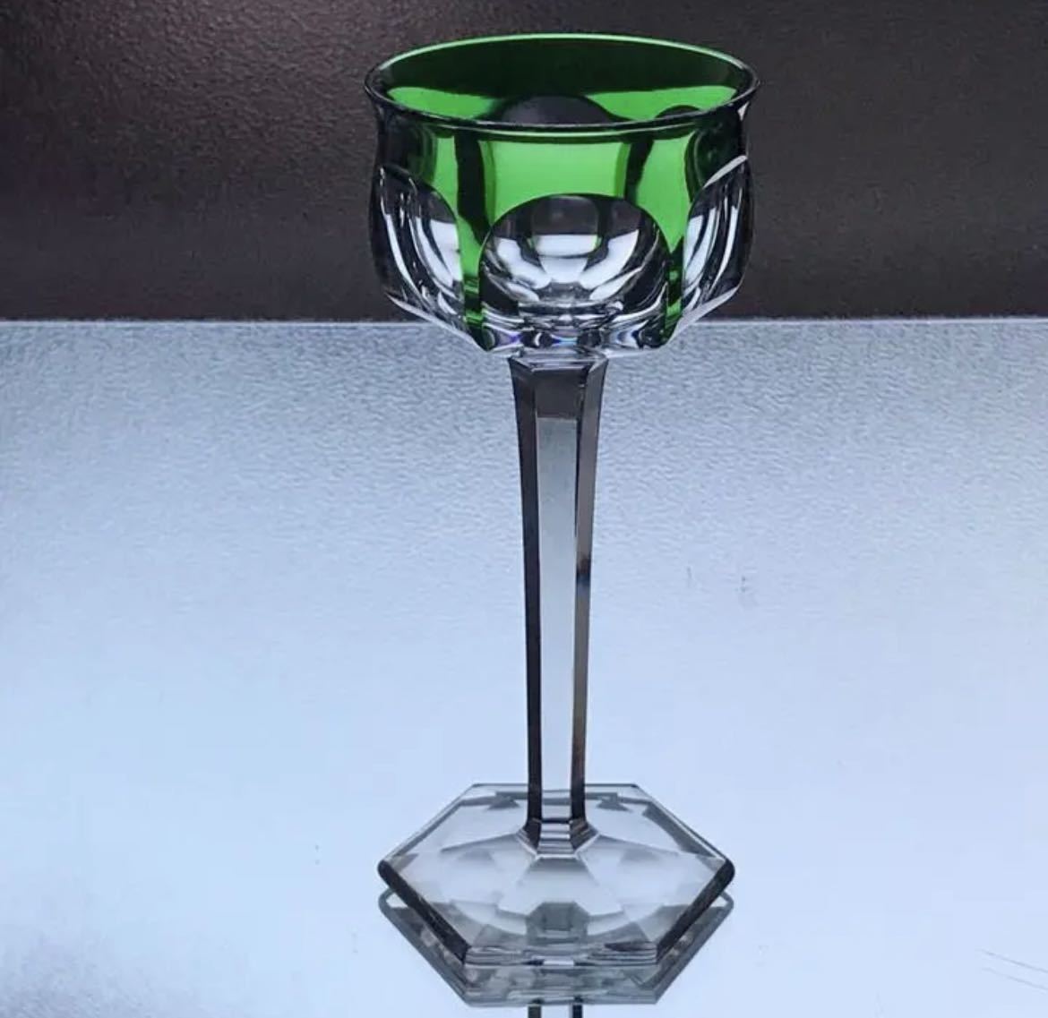 美しい希少被せオールドバカラBACCARATマルメゾン グリーン 緑色 アンティーク ワイングラス フランス 19cm 刻印なし レア