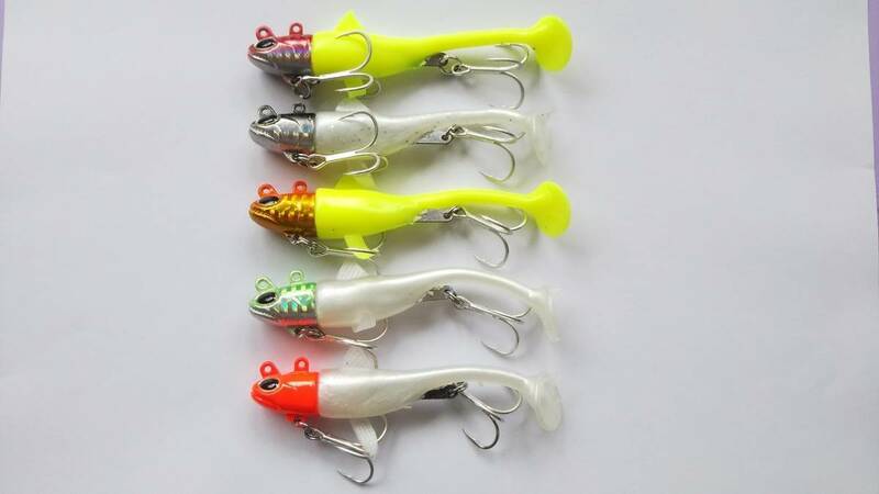 約35g　ジグヘッド + ワーム　5色セット　魚型ヘッド　市販のワームを着脱可能　やわらか素材　ヒラメ　マゴチ　シーバス　タチウオ