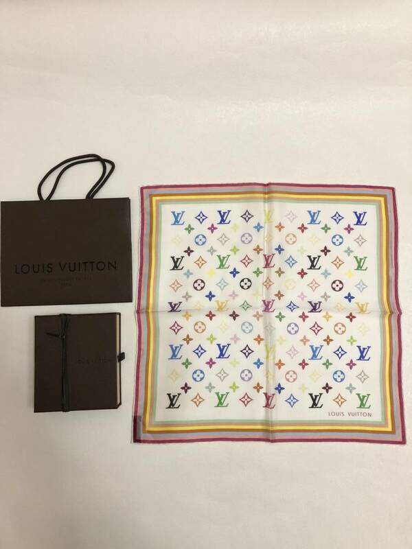 【未使用品、正規品】 LOUIS VUITTON ルイヴィトン マルチカラー スカーフ シルク100% 白色 イタリア製