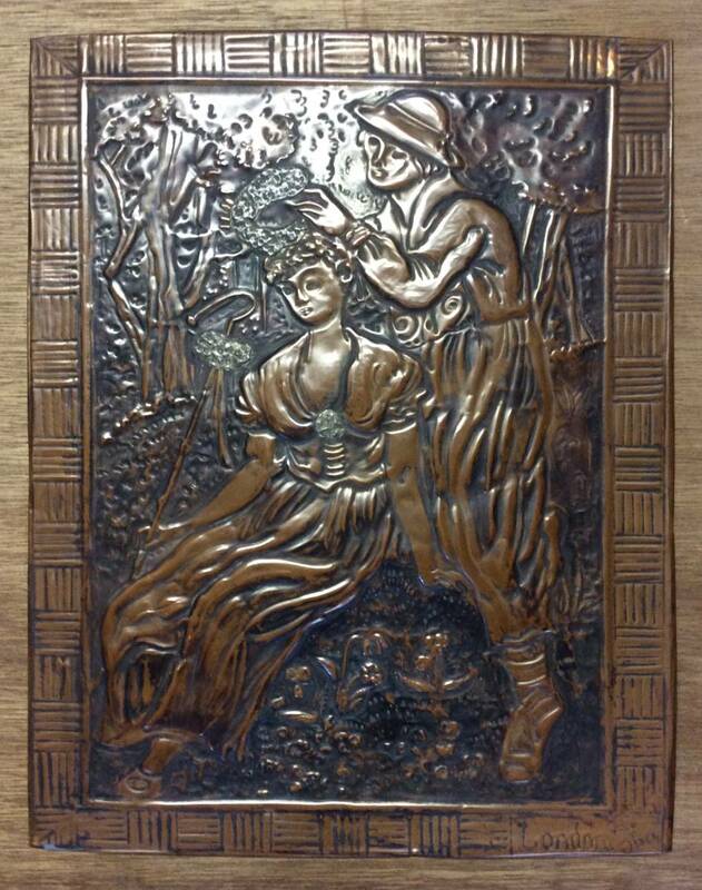  銅打出彫金レリーフ 銅板画 London アンティーク アート ウォールデコレーション アート 花の髪飾り　Cooper