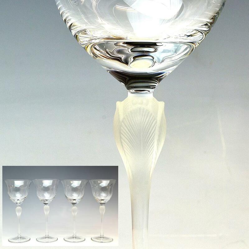 【趣楽】 クリスタル硝子　蕾装飾ワイングラス四客　高さ１８，３ｃｍ　ラリック　K１６３１