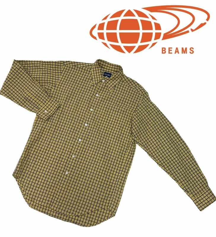 a100 ほぼ美品 ♪ イエロー系 BEAMS ビームス チェックシャツ ギンガムチェック 長袖シャツ トップス シャツ 上着 長袖 メンズ Lサイズ