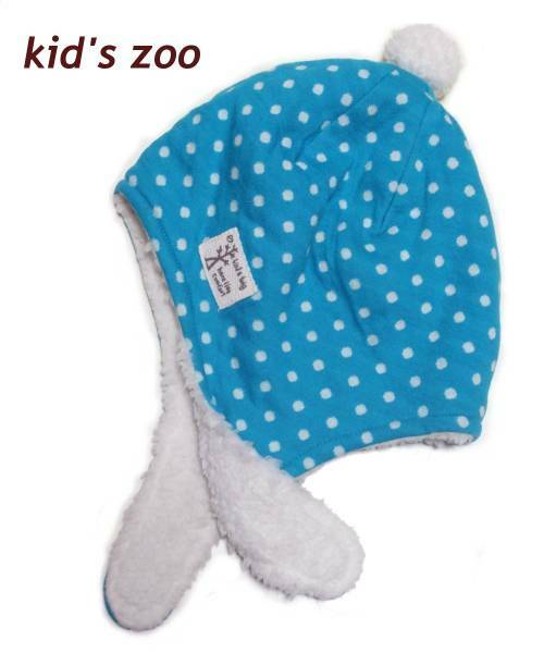 ★新品・格安★ キッズ kid's zoo DOT ガーゼ耳付ニット帽 裏フリース（48cm）BLUE