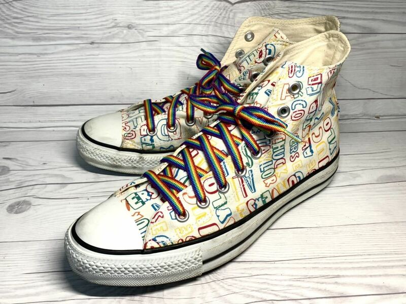 【即決】★美品★ CONVERSE 26.5cm ハイカットスニーカー コンバース US8.5 ホワイト カラフル ロゴ 白 オシャレ コットン オールスター